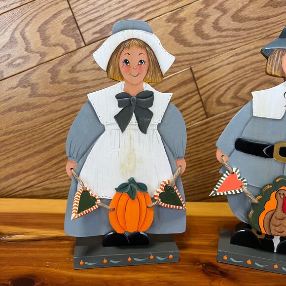 Vintage Wooden Handmade Thanksgiving Pilgrim Set Shelf Sitters Signed Cornelius - Picture 14 of 14
